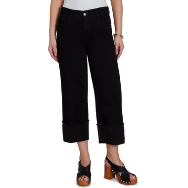 Petite Women's Jet Black Cropped Wide Leg Cuff Jeans