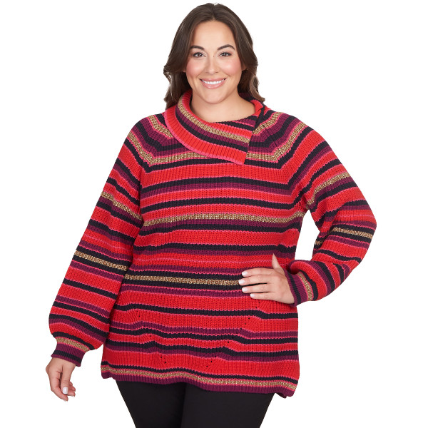 Plus Women's Split Cowl Oversized Striped Sweater