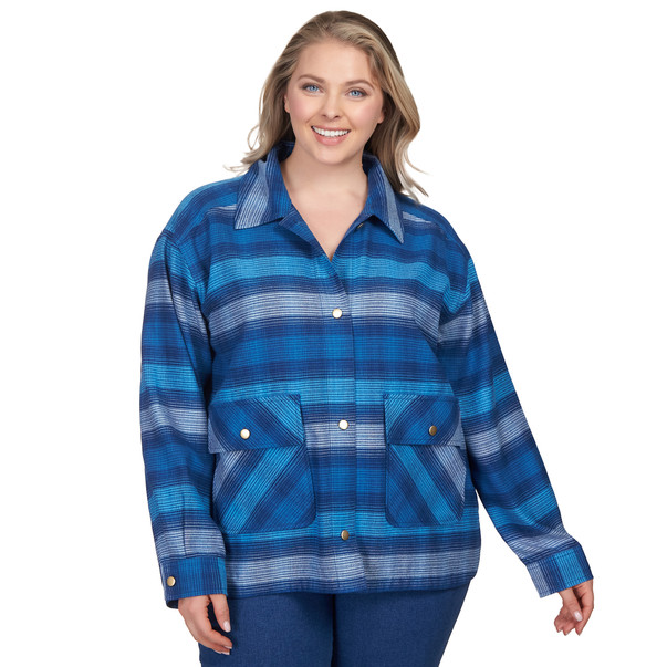 Plus Women's Short Plaid Flannel Button Front Jacket