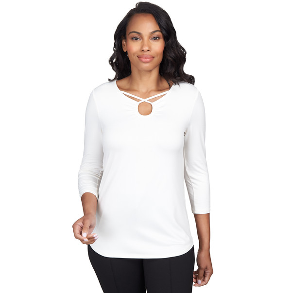 Petite Women's Criss Cross Neckline Solid Jersey Top