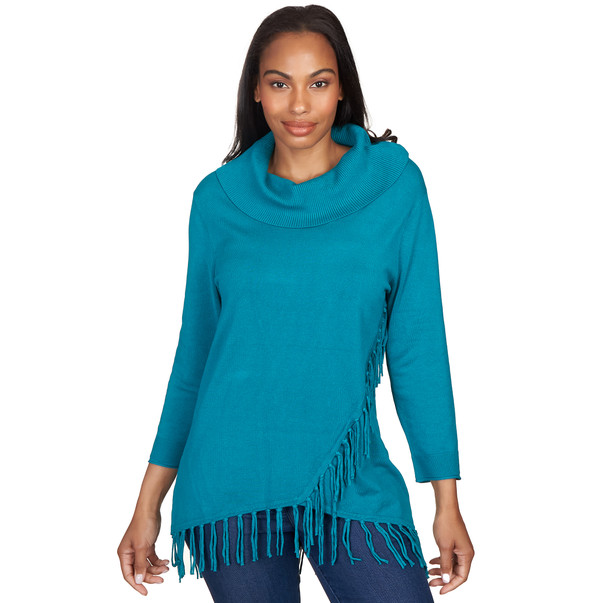 Women's Solid Cowl Neck Fringe Sweater