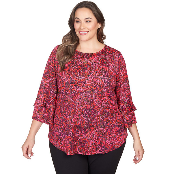 Plus Women's Paisley Dew Drop Knit Top with Ruffle Sleeves