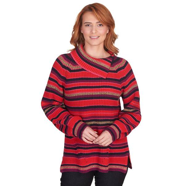 Petite Women's Split Cowl Oversized Striped Sweater