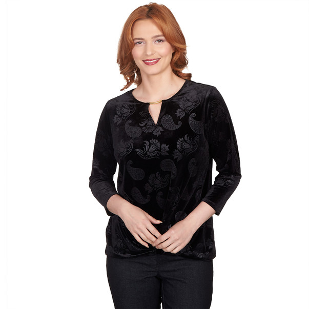 Petite Women's Embossed Velour Floral Paisley Top