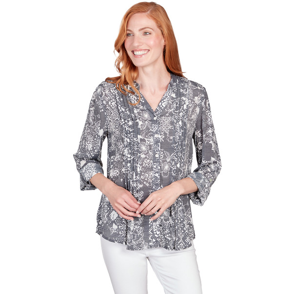 Women's Silky Gauze Patchwork Print Button Front Top