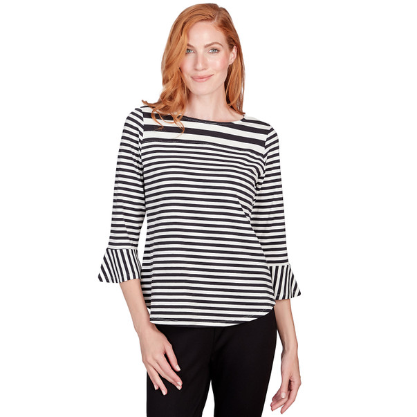 Petite Women's Black Stripe Flounce Sleeve Jersey Top