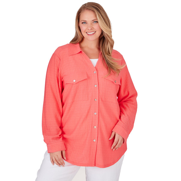 Plus Women's Solid Guava Crinkled Button Front Top