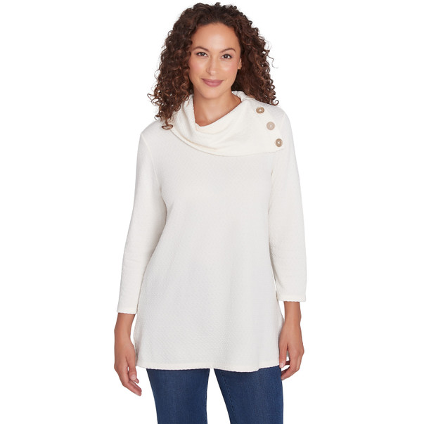 IVORY Petite Women's Split Cowl Neck Solid Textural Knit Top