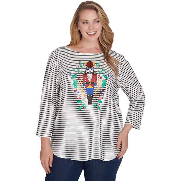 Plus Women's Nutcracker Motif Striped Top
