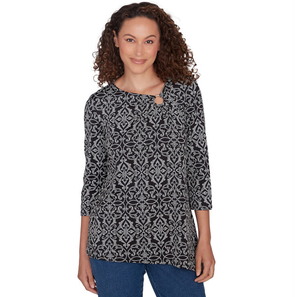 Petite Women's Ring Neck Medallion Puff Print Top