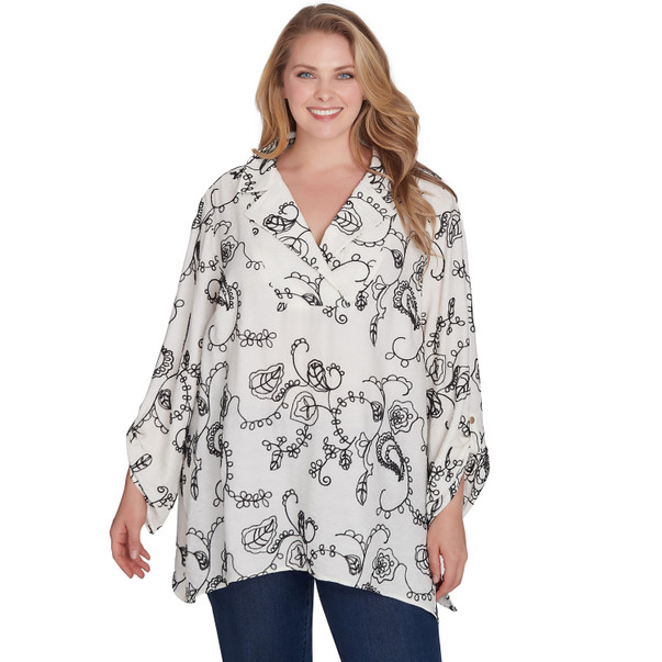 Plus Women's Portrait Collar Floral Embroidered Top
