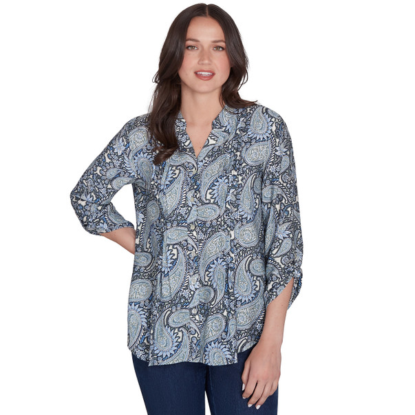 Petite Women's Button Front Paisley Silky Voile Top