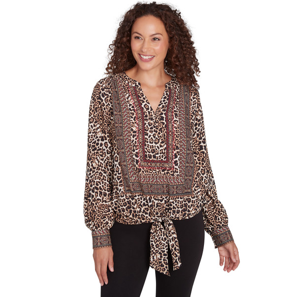 Women's Embellished Animal Print Tie Front Top
