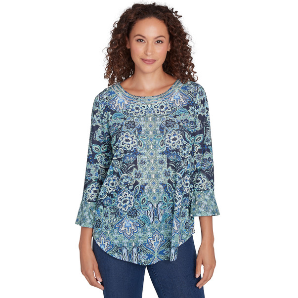 Petite Women's Embellished Floral Print Slub Jersey Top