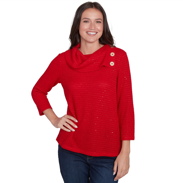 Petite Women's Split Cowl Neck Sequin Knit Top