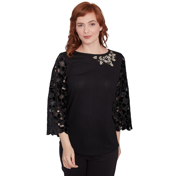 Petite Women's Velvet Rosette Lace Sleeve Bejeweled Solid Blouse