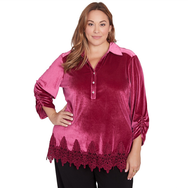 Plus Women's Stretch Velvet Lace Trim Top