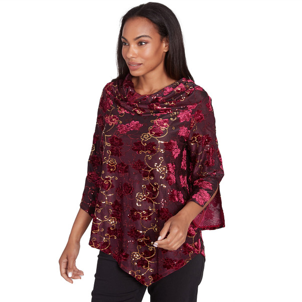 Petite Women's Iridescent Sequin Velvet Floral Cowl Neck Top