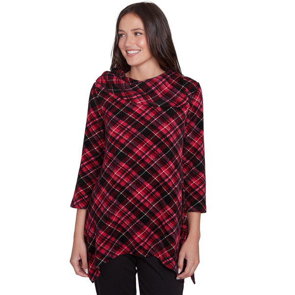 Women's Plaid Chenille Ribbed Knit Split Cowl Top