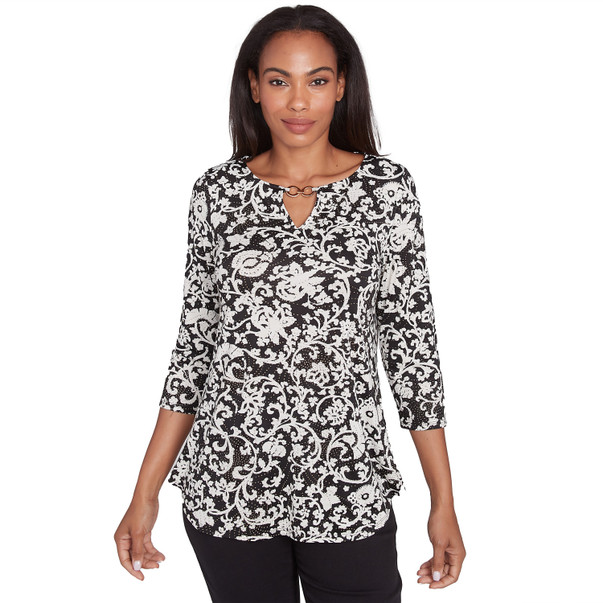 Petite Women's Batik Scroll Dew Drop Printed Knit Top