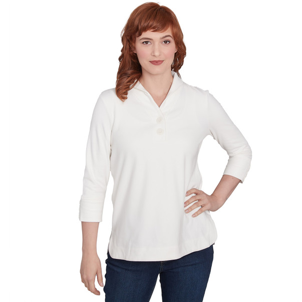 Petite Women's Luxe Collared V-Neck Stretch Rib Knit Top