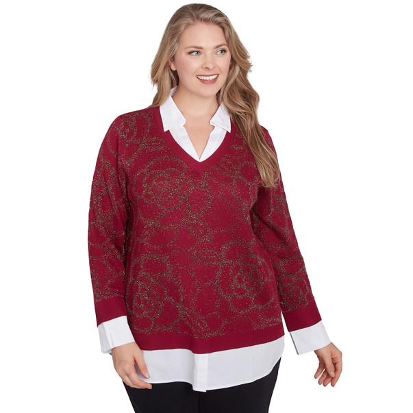 BEET MULTI Plus Women's Metallic Floral Layered Shirt Collar Sweater