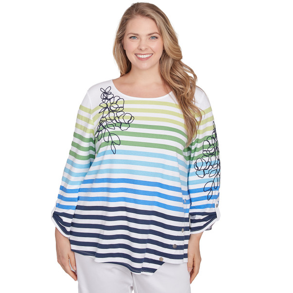 Plus Women's Striped Embellished Three Quarter Sleeve Top