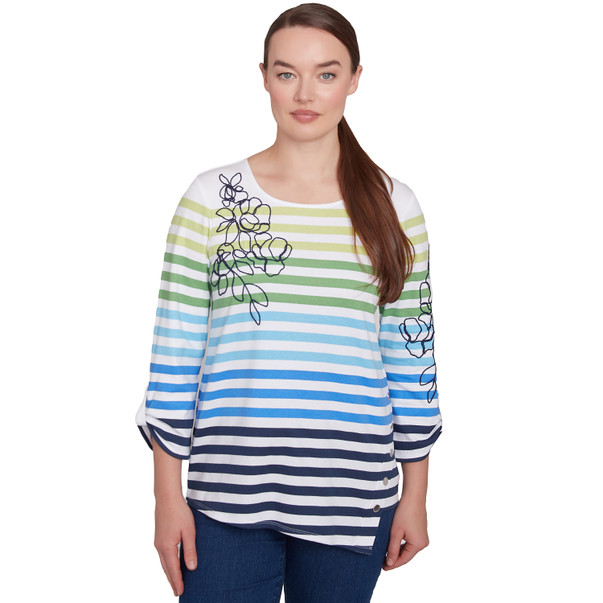 Petite Women's Striped Embellished Three Quarter Sleeve Top