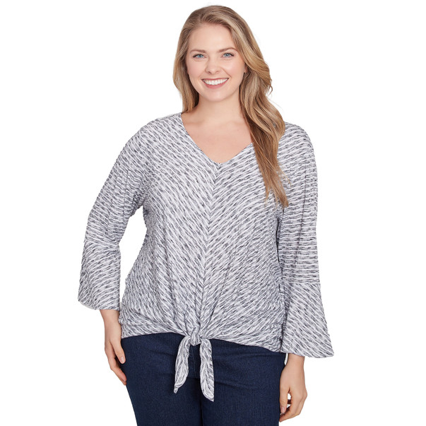 Plus Women's Spacedye Puckered Knit Tie-Front Top