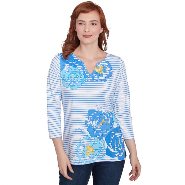 Petite Women's Floral Embroidered Script Stripe Tee