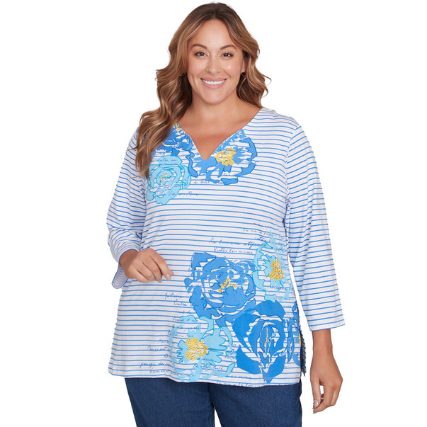 Plus Women's Floral Embroidered Script Stripe Tee