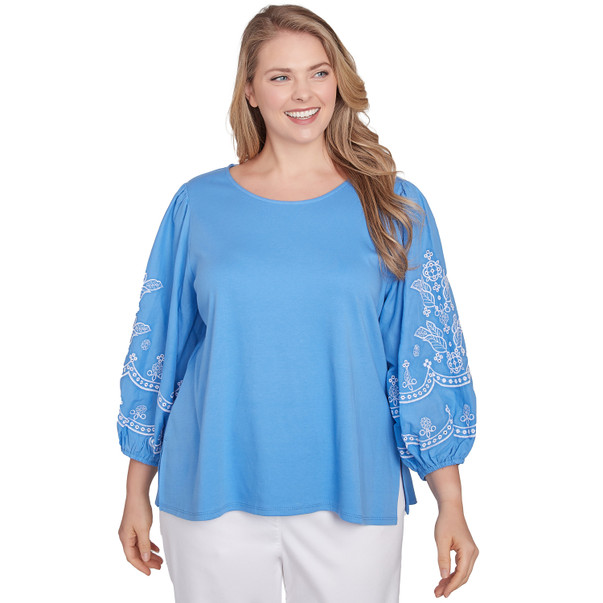Plus Women's Bella Blue Embroidered Sleeve Cotton Top
