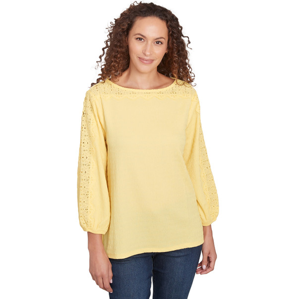 Women's Solid Textured Eyelet Sleeve Top