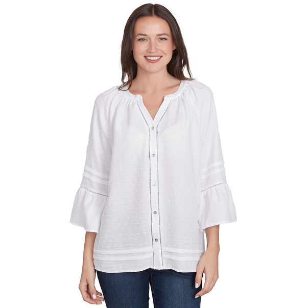 Women's Clip Dot Button Front Flared Sleeve Top
