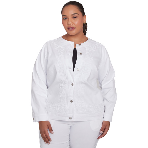 Plus Women's White Stretch Denim Embroidered Jacket