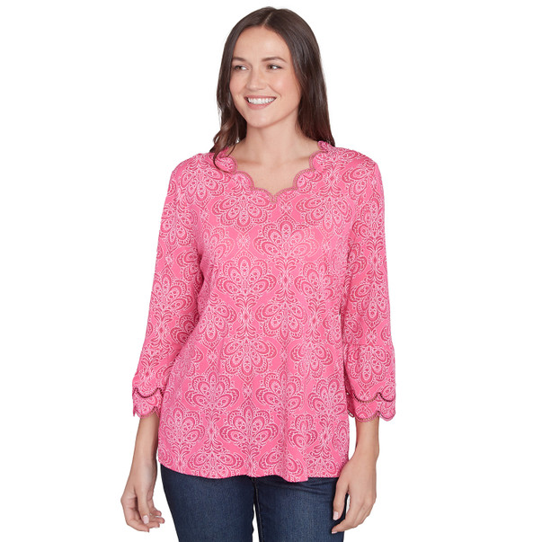 Women's Scalloped Puff Print Solid Burnout Top
