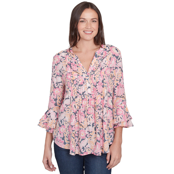 Women's Garden Floral Ruffle Sleeve Henley Top