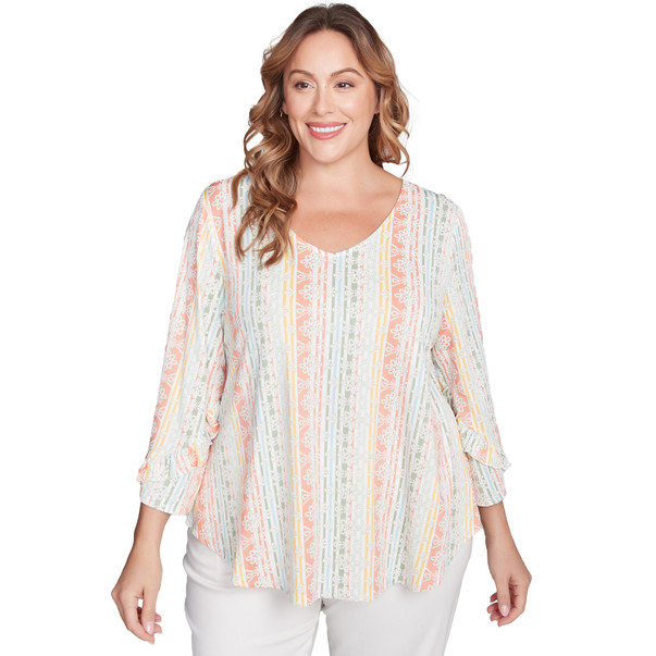 Plus Women's Tropical Stripe Puff Print V-Neck Top