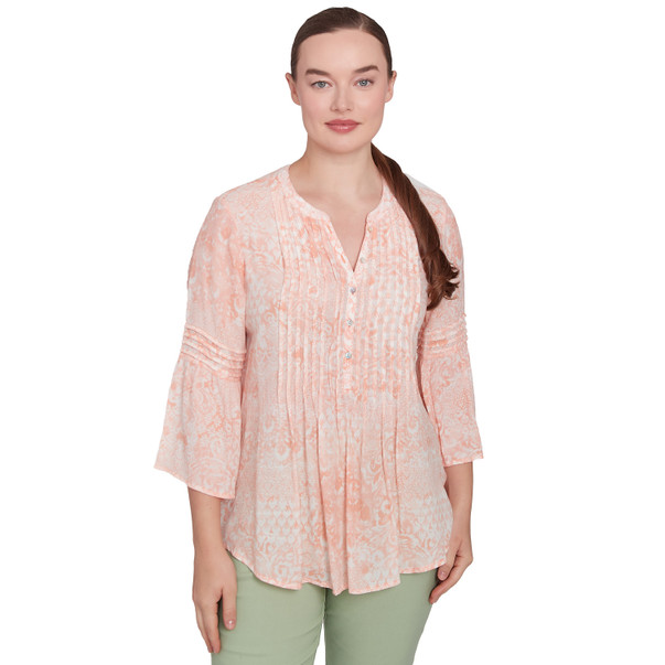Petite Women's Patchwork Silky Gauze Ruffled Henley Top