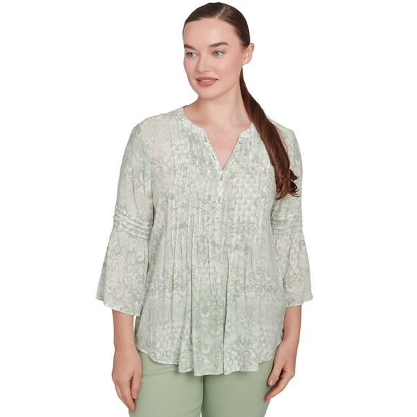 Women's Patchwork Silky Gauze Ruffled Henley Top