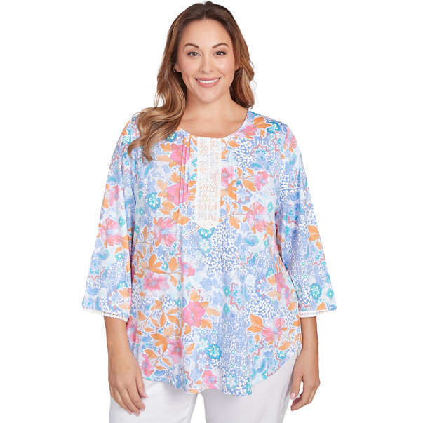 Plus Women's Lace Scoop Neck Floral Puff Print Top