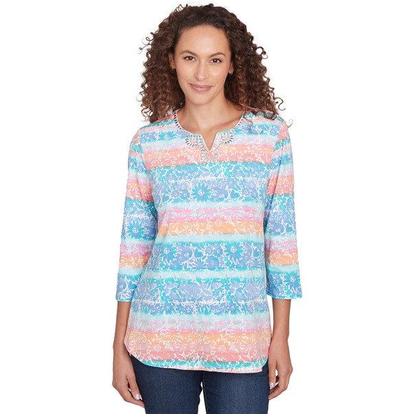 Women's Embellished Watercolor Stripe Print Top