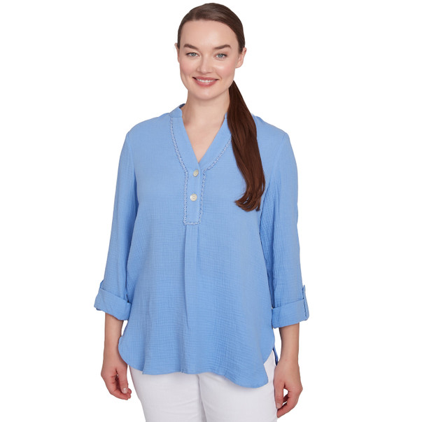 Petite Women's Solid Gauze Roll Tab Sleeve Henley Top