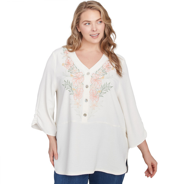 Plus Women's Floral Embroidery Solid Gauze Henley Top