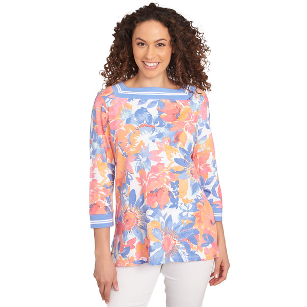 Petite Women's Square Neck Floral Striped Trim Top