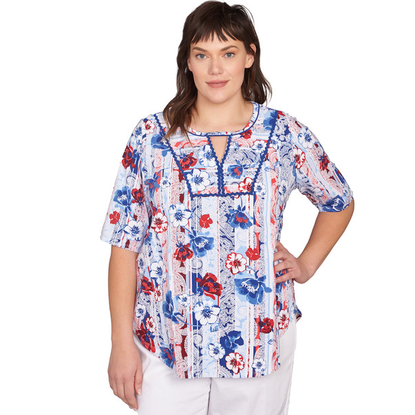 Plus Women's Riviera Floral Stripe Print Knit Top