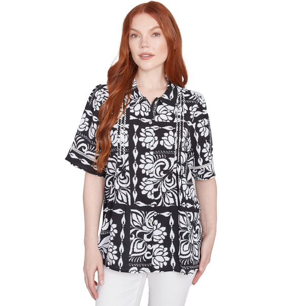 Petite Women's Lotus Patchwork Button Front Camp Shirt