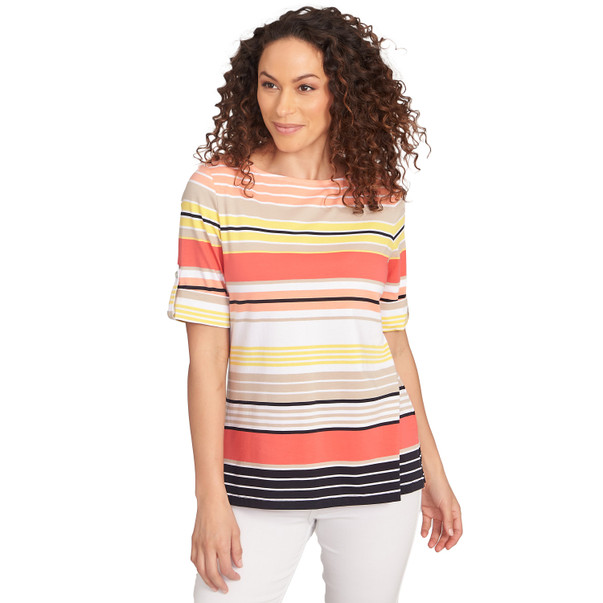 Petite Women's Multi Stripe Roll Tab Sleeve Tee