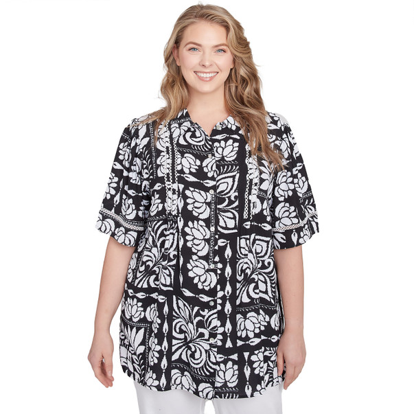 Plus Women's Lotus Patchwork Button Front Camp Shirt