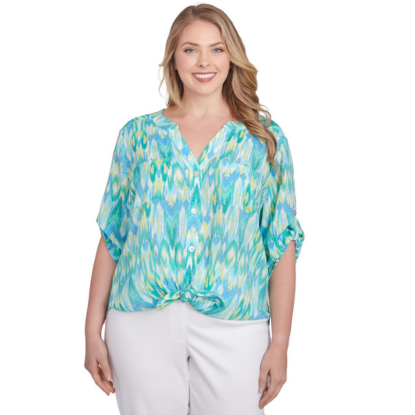 Plus Women's Paradise Ikat Button Tie Front Top